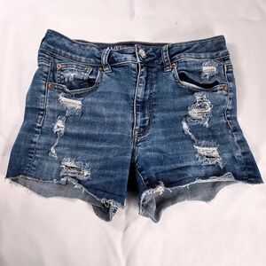 American Eagle Hi-Rise Shortie Denim Shorts Distressed Rips Blue Size 6 26x4 Y2K